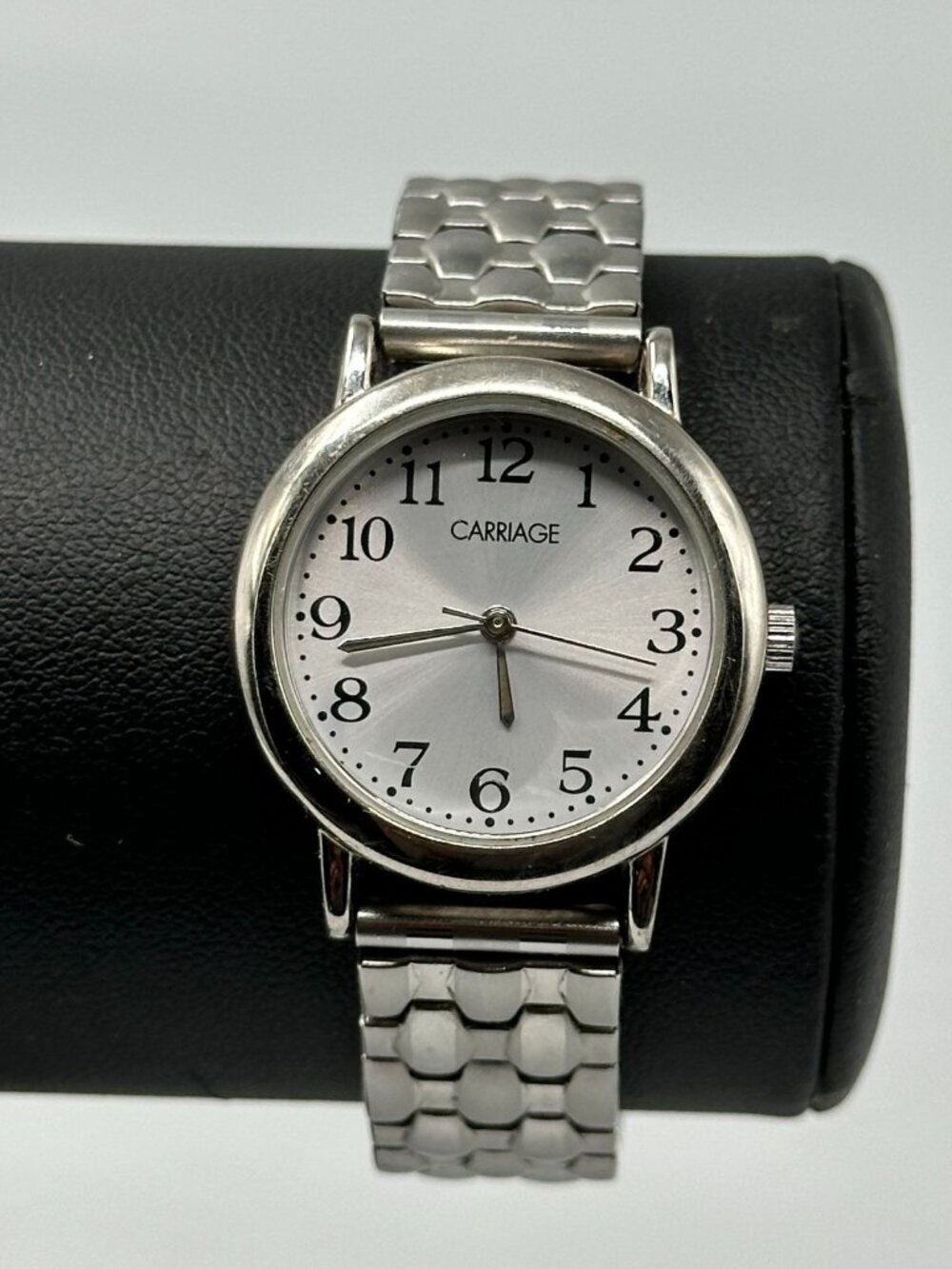 3/$30 Carriage Watch Women Silver Tone 27MM Round Dial Stretch Band New Battery